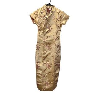 7fairy women’s sexy vtg gold floral chinese cheongsam dress size 2